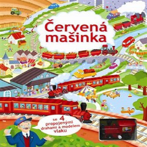 Červená mašinka se 4 propojenými drahami a modelem vlaku